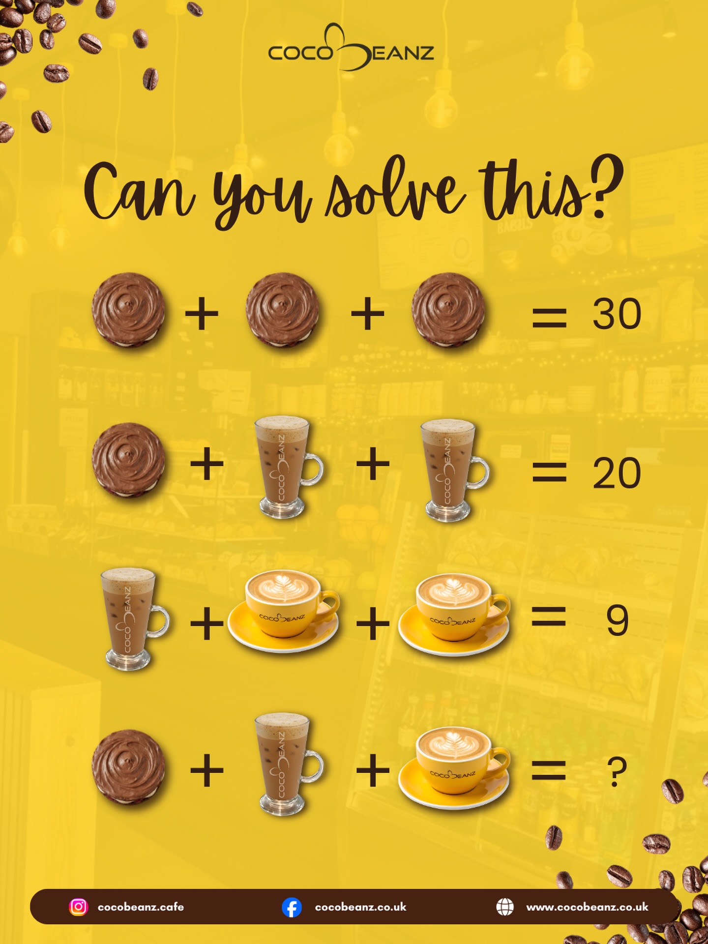 Give your brain a caffeine boost! βοΈ Can you solve this sweet equation? Drop your answer in the comments below and see if youβre a math whiz or if you just need another cup of coffee!
#cocobeanz #coffeepuzzle #brainteaser #coffeelovers #sweetmath